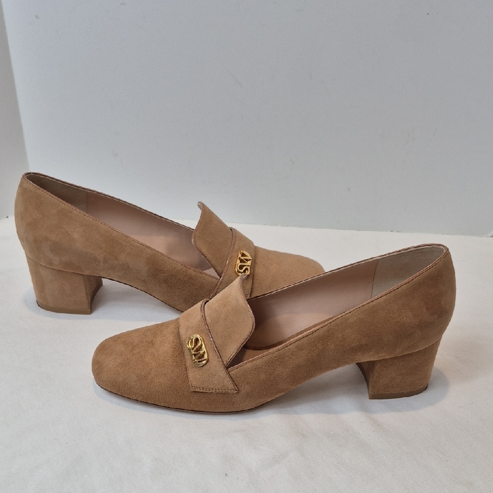 Stuart Weitzman Riela 50 Tan Suede Pumps Block Heel Slip-on Size 9.5 B